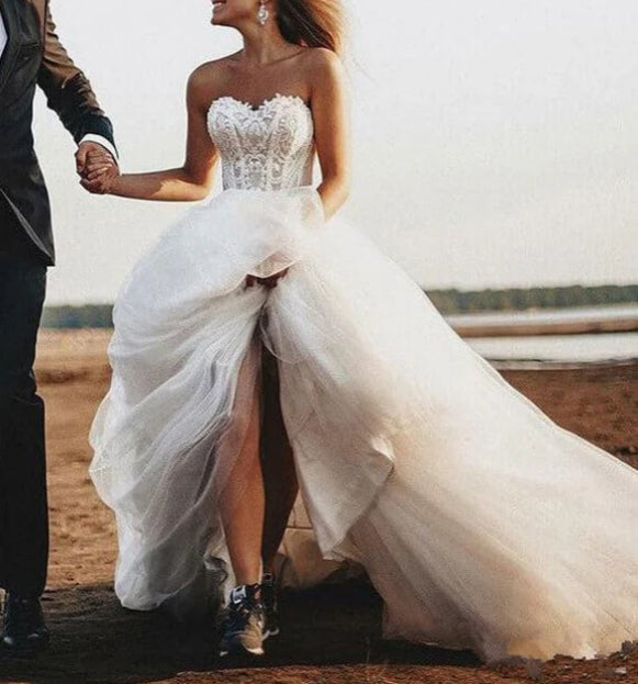 Boho Lace Bodice Sweetheart Wedding Dresses Rustic Bridal Gown