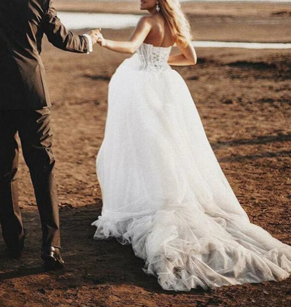 Boho Lace Bodice Sweetheart Wedding Dresses Rustic Bridal Gown