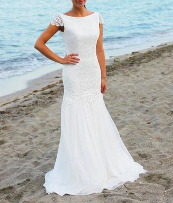 White Cap Sleeves Scoop Neck Open Back Lace Beach Wedding Dresses