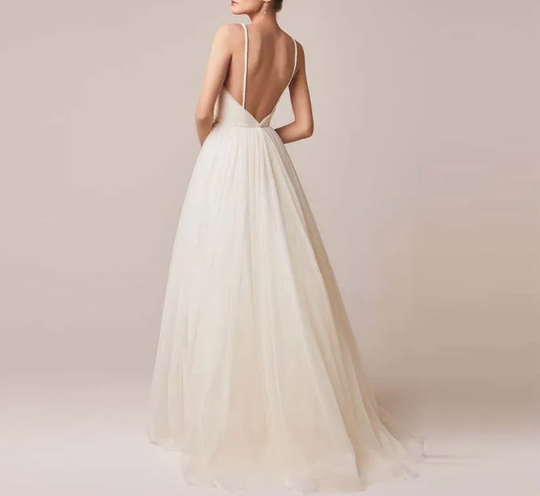 Sexy Spaghetti Straps Tulle Wedding Dress Vestido De Novia Sleeveless V-neck Backless Bride Dresses