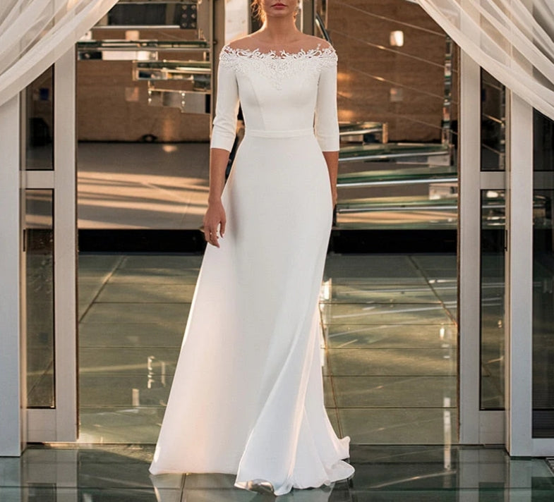 Vintage 3/4 Sleeve O-Neck Wedding Dress A-Line Lace Appliques Satin Civil Bridal Gown With Zipper Back Floor Length