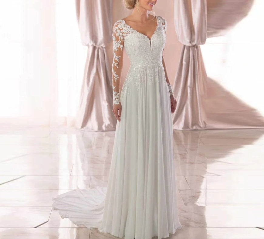 V Neck Long Wedding Dresses with Sleeves Open Back White Lace Applique Bridal Dress For Wedding Party Vestidos De Novia A-line