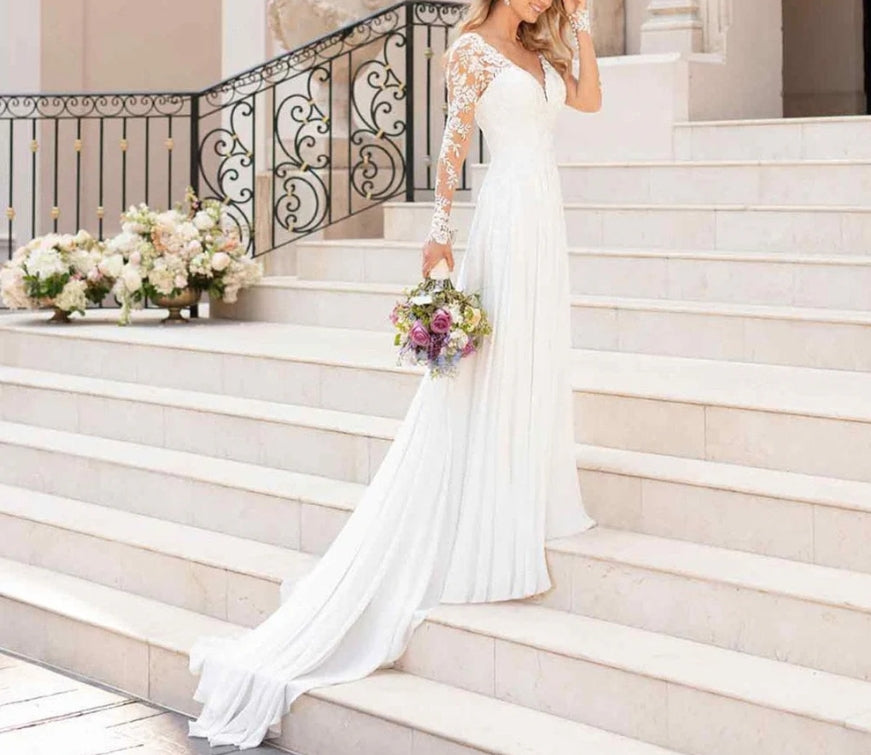 V Neck Long Wedding Dresses with Sleeves Open Back White Lace Applique Bridal Dress For Wedding Party Vestidos De Novia A-line