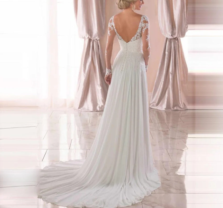 V Neck Long Wedding Dresses with Sleeves Open Back White Lace Applique Bridal Dress For Wedding Party Vestidos De Novia A-line