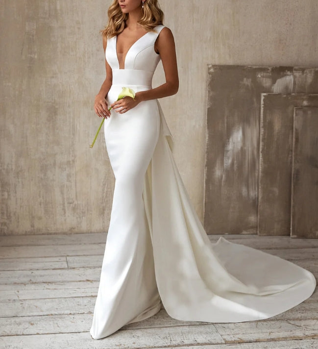 Simple Elegant Satin Mermaid Wedding Dress Detachable Bowknot