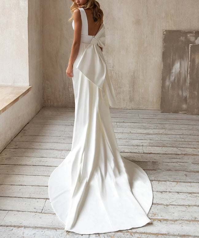 Simple Elegant Satin Mermaid Wedding Dress Detachable Bowknot