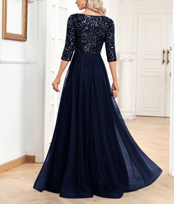 Evening Dress Women Mermaid Formal Dress Maxi Prom Dress Elegant Long Sleeves Wedding Party V-Neck Long Sequin