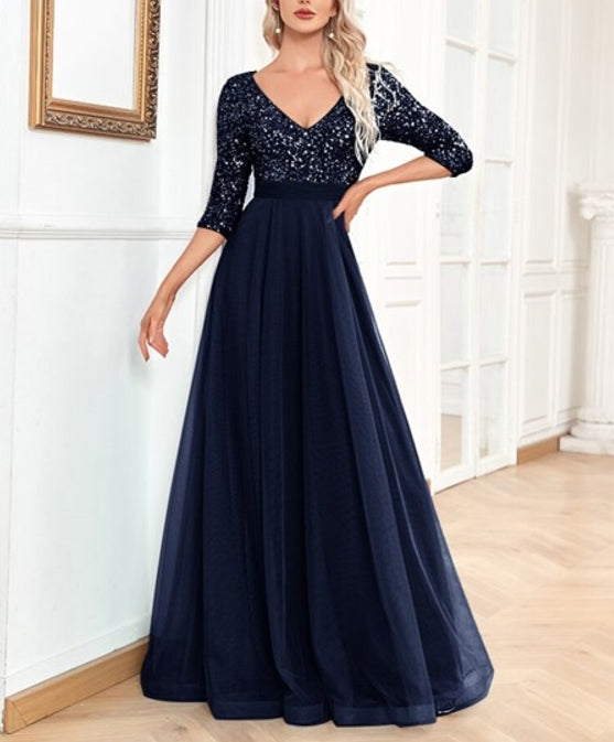 Evening Dress Women Mermaid Formal Dress Maxi Prom Dress Elegant Long Sleeves Wedding Party V-Neck Long Sequin