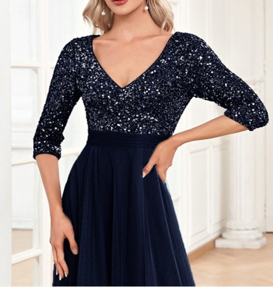 Evening Dress Women Mermaid Formal Dress Maxi Prom Dress Elegant Long Sleeves Wedding Party V-Neck Long Sequin