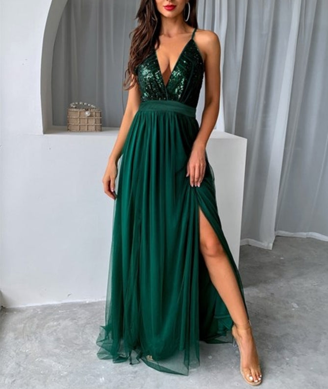 Mesh Sequins V-Neck Dress Women New Cocktail Party Dresses Backless Summer Maxi Long Bodycon Dress Elegant Dress