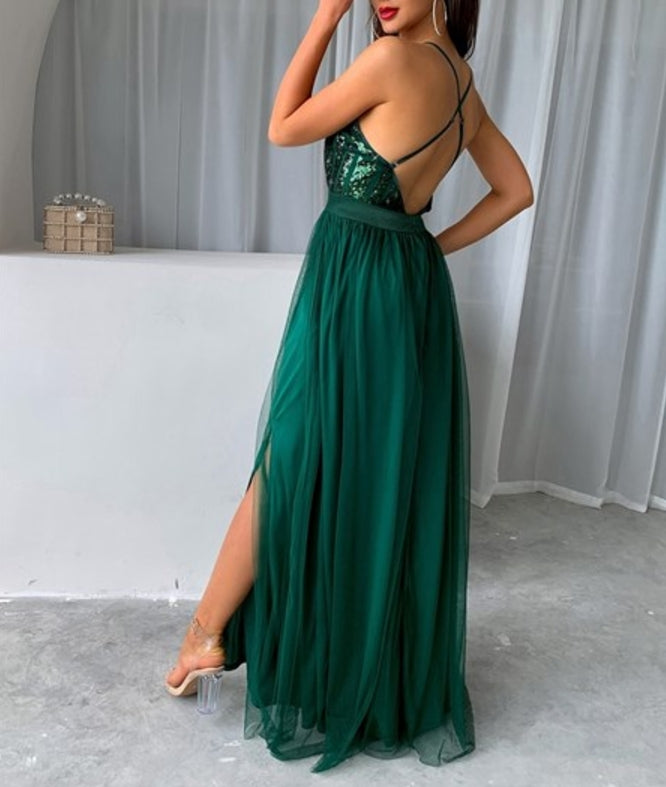 Mesh Sequins V-Neck Dress Women New Cocktail Party Dresses Backless Summer Maxi Long Bodycon Dress Elegant Dress