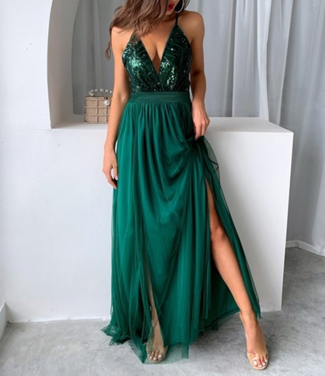 Mesh Sequins V-Neck Dress Women New Cocktail Party Dresses Backless Summer Maxi Long Bodycon Dress Elegant Dress