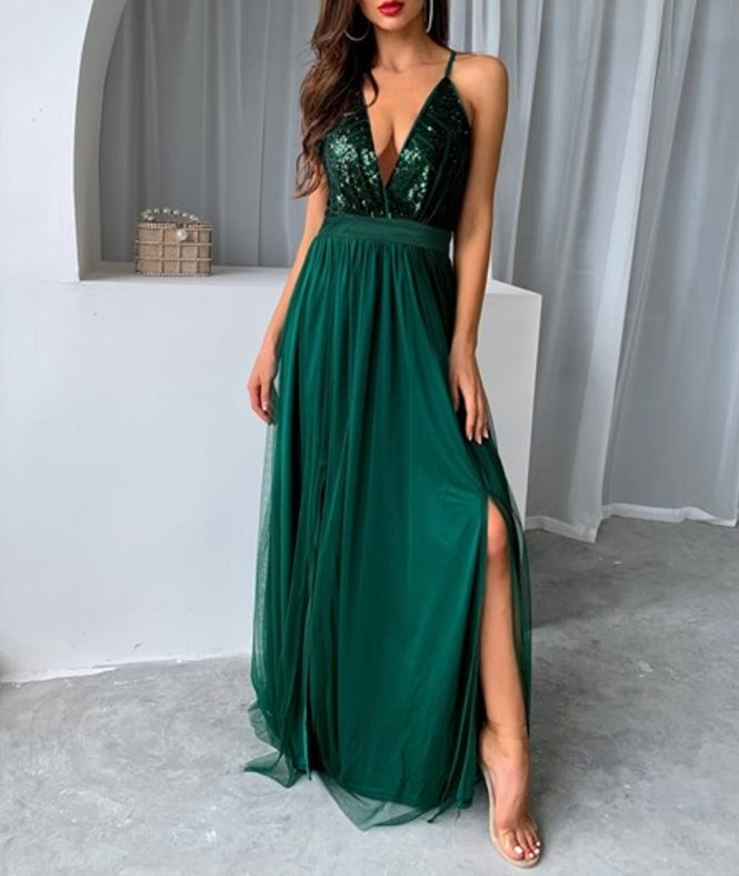 Mesh Sequins V-Neck Dress Women New Cocktail Party Dresses Backless Summer Maxi Long Bodycon Dress Elegant Dress