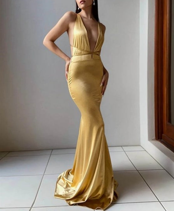 Yellow Sheath/Column V-Neck Backless Prom Dresses With Strappy Back