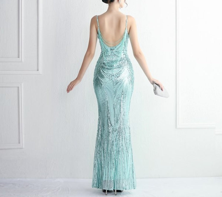 Sequin V-Neck Backless Long Prom Dresses With Beading