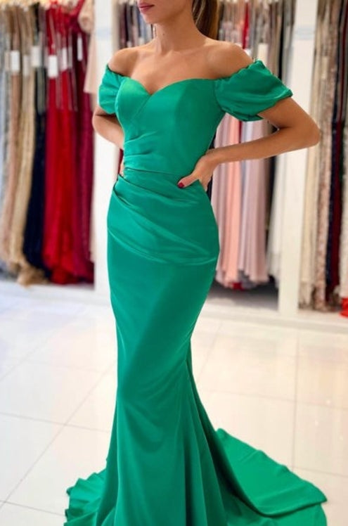 Green Off The Shoulder Mermaid Ruched Prom Dresses With Short Sleeves