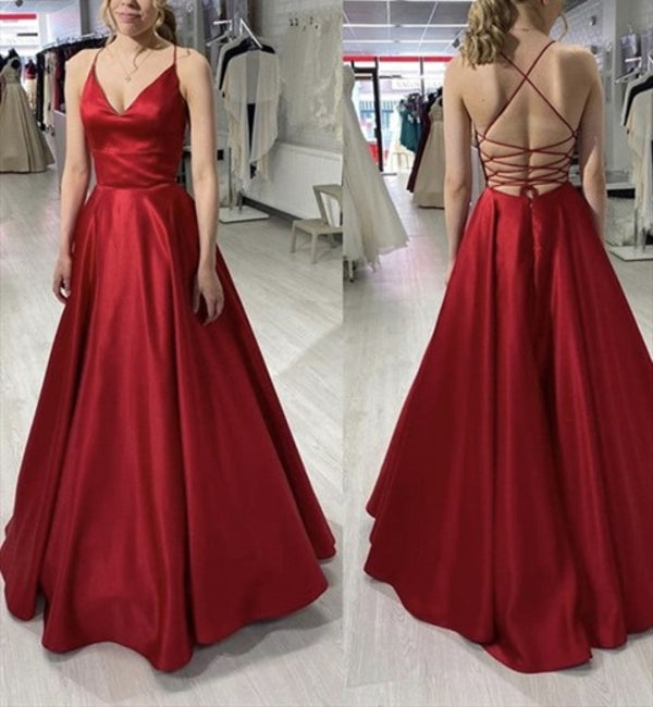 Burgundy A-Line Spaghetti Straps V-Neck Long Open Back Prom Dresses