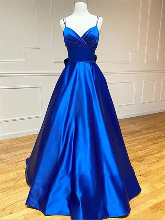 Royal Blue A-Line Satin Bowknot V-Neck Spaghetti Straps Prom Dresses
