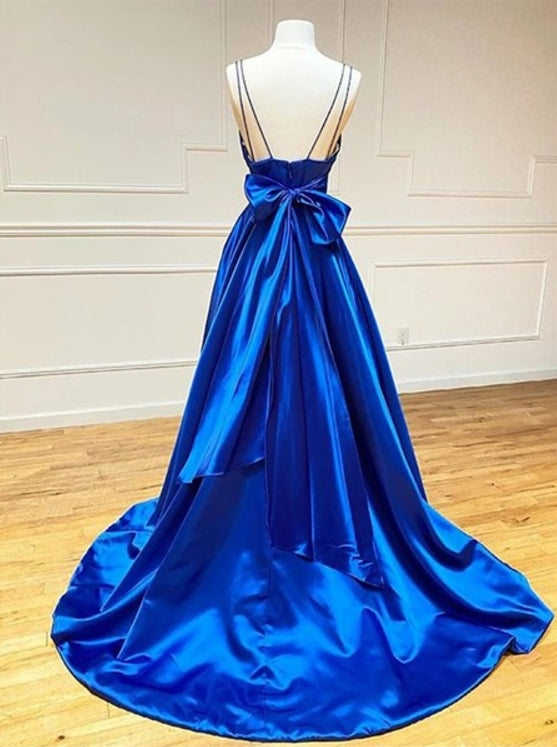 Royal Blue A-Line Satin Bowknot V-Neck Spaghetti Straps Prom Dresses