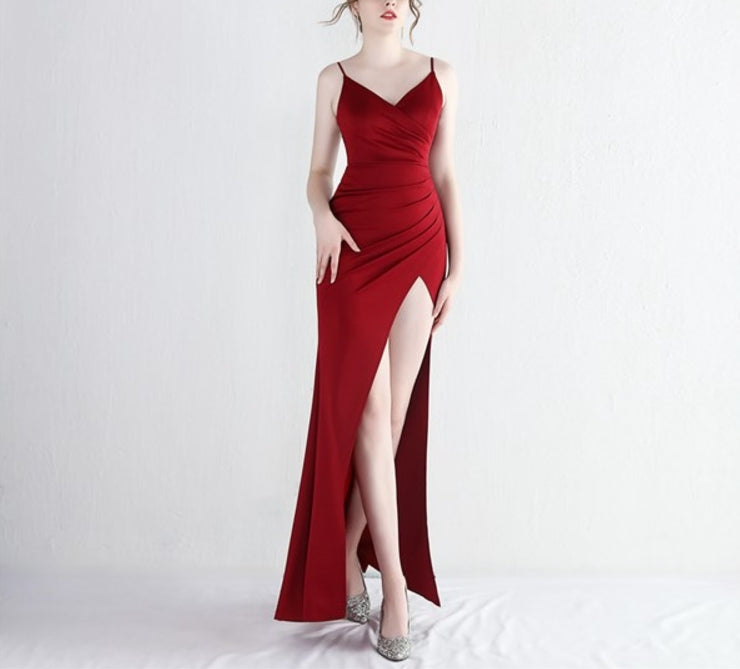 Red Long Ruched Bodice Spaghetti Straps Split Front Prom Dresses