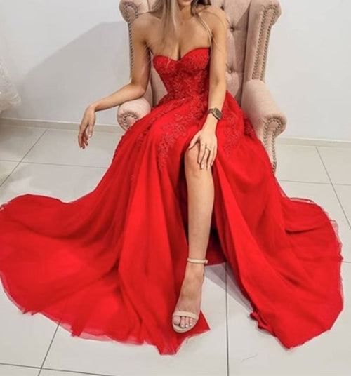 Red Strapless Sweetheart Lace Applique Long Split Front Prom Dresses