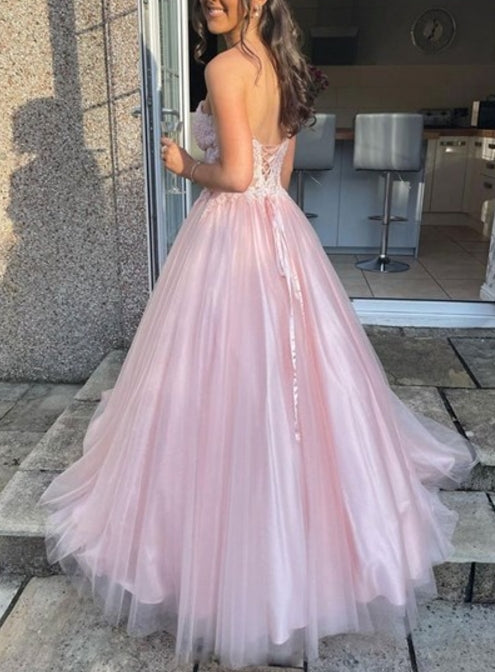 Pink A Line Sweetheart Beaded Lace Applique Bodice Tulle Prom Dresses