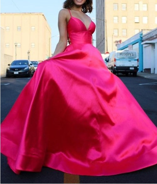 Hot Pink A-Line V-Neck Spaghetti Straps Backless Long Prom Dresses