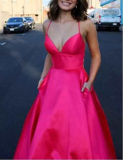 Hot Pink A-Line V-Neck Spaghetti Straps Backless Long Prom Dresses