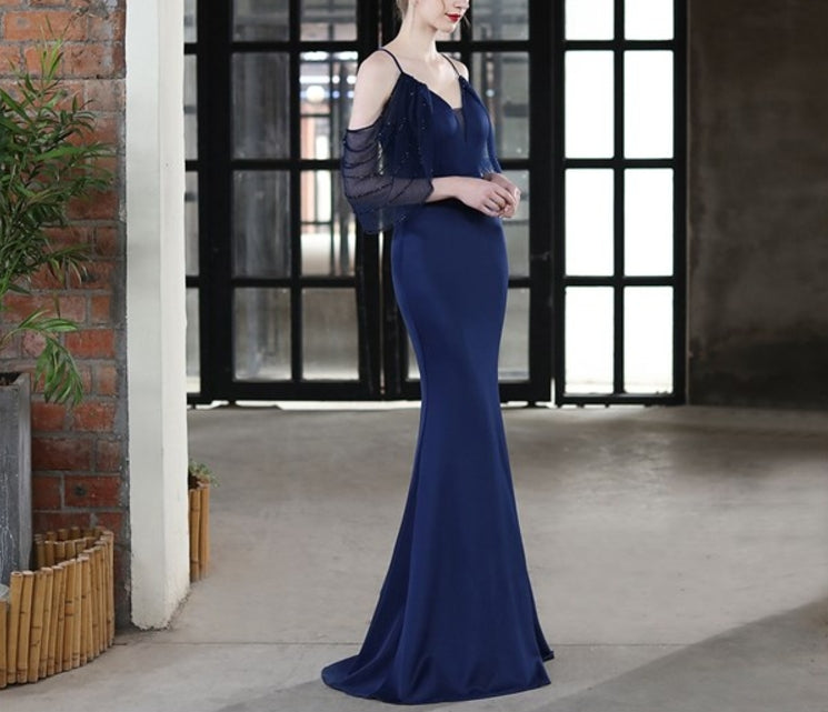 Navy Blue V-Neck Off The Shoulder Mermaid Prom Dresses