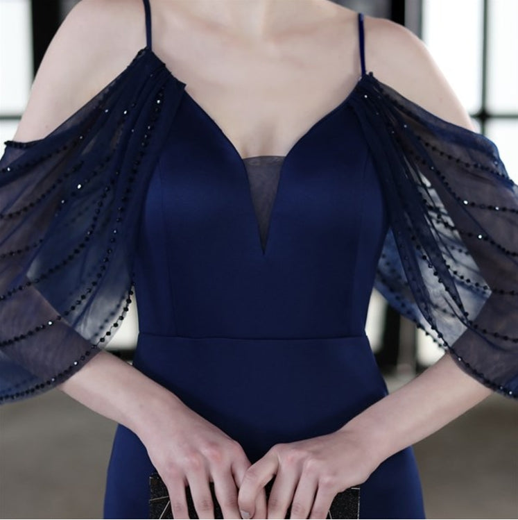 Navy Blue V-Neck Off The Shoulder Mermaid Prom Dresses