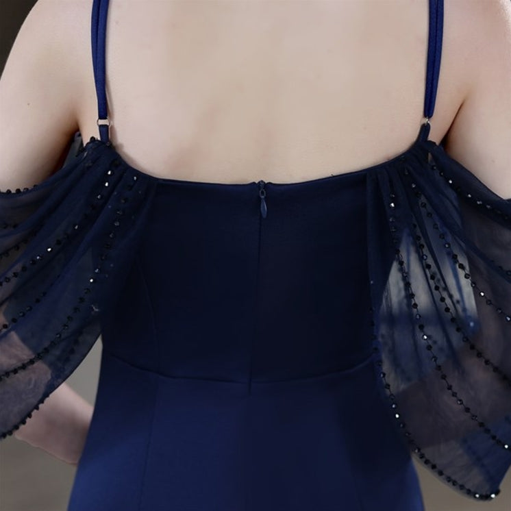 Navy Blue V-Neck Off The Shoulder Mermaid Prom Dresses