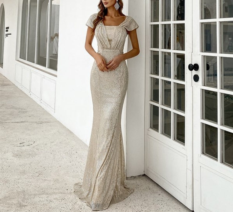 Gold Sequin Overlay Mermaid Ruched Bodice Prom Dresses With Straps