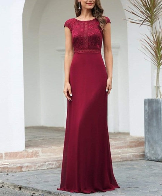Burgundy Embroidered Lace Bodice Long Bridesmaid Dress With