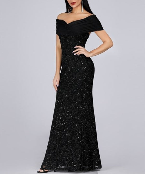 Black V Neck Off The Shoulder Sequin Mermaid Long Plus Size Prom Dress