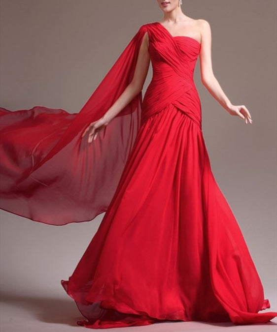 Red Sleeveless Ruched Chiffon Long Prom Dress With Cape And Train