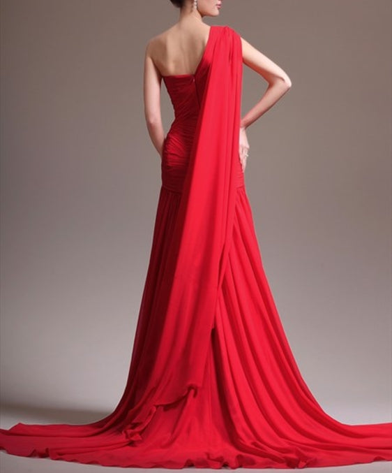 Red Sleeveless Ruched Chiffon Long Prom Dress With Cape And Train