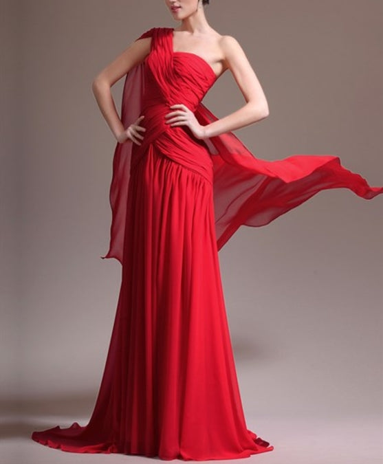 Red Sleeveless Ruched Chiffon Long Prom Dress With Cape And Train