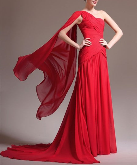 Red Sleeveless Ruched Chiffon Long Prom Dress With Cape And Train