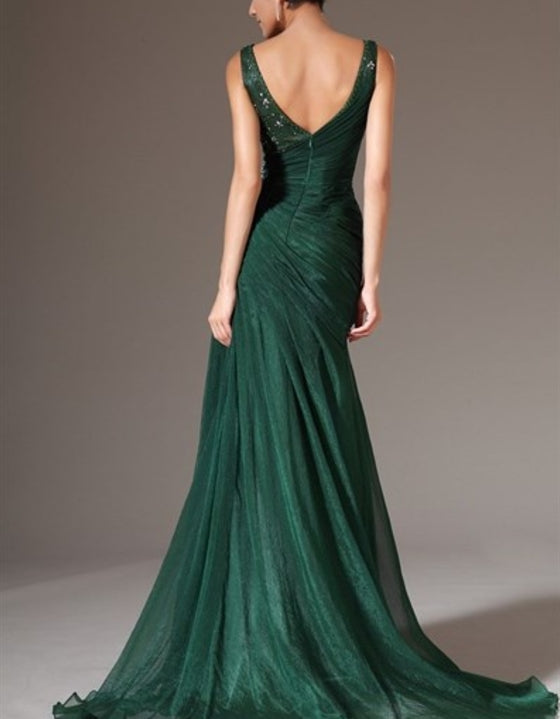 Emerald Green V Neck Beaded Long Organza Prom Dress With Split