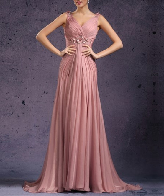 Pastel Pink V Neck Beaded Ruched Empire Waist Chiffon Prom Dress