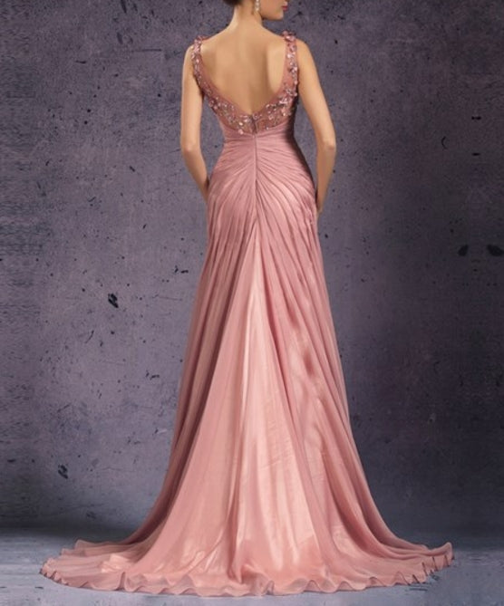 Pastel Pink V Neck Beaded Ruched Empire Waist Chiffon Prom Dress
