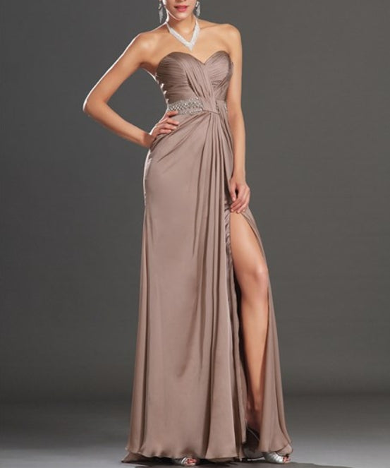 Brown Sweetheart Sleeveless Beaded Ruched Long Prom Dress With Split