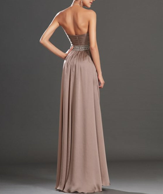 Brown Sweetheart Sleeveless Beaded Ruched Long Prom Dress With Split
