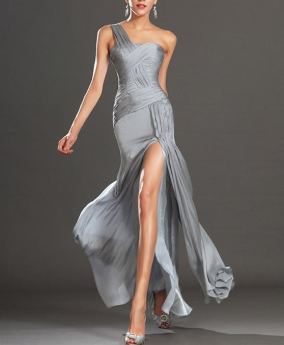 Grey One Shoulder Sleeveless Ruched Sheath Long Prom Dress With Split