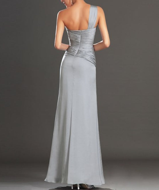 Grey One Shoulder Sleeveless Ruched Sheath Long Prom Dress With Split