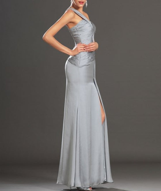 Grey One Shoulder Sleeveless Ruched Sheath Long Prom Dress With Split