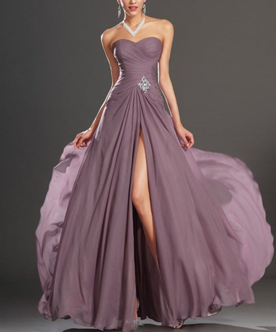 Strapless Sleeveless Crystal Ruched Chiffon Prom Dress With Split