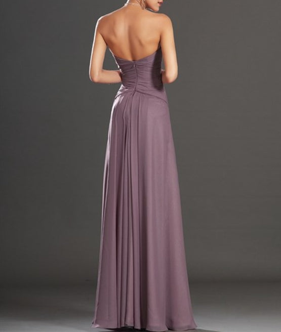 Strapless Sleeveless Crystal Ruched Chiffon Prom Dress With Split