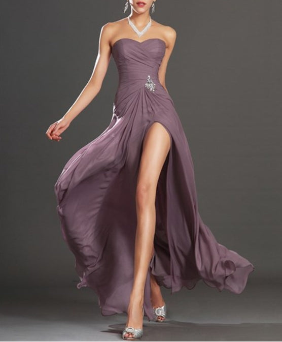 Strapless Sleeveless Crystal Ruched Chiffon Prom Dress With Split