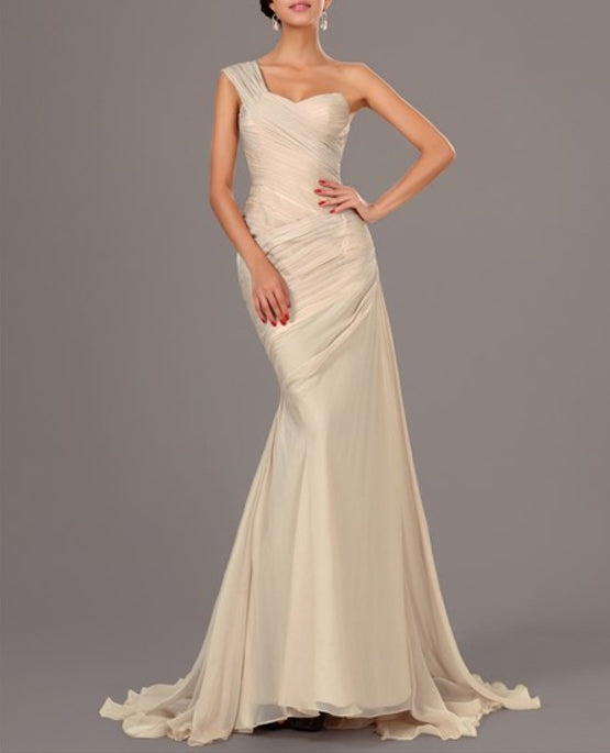 Champagne One Shoulder Sleeveless Ruched Sheath Chiffon Prom Dress